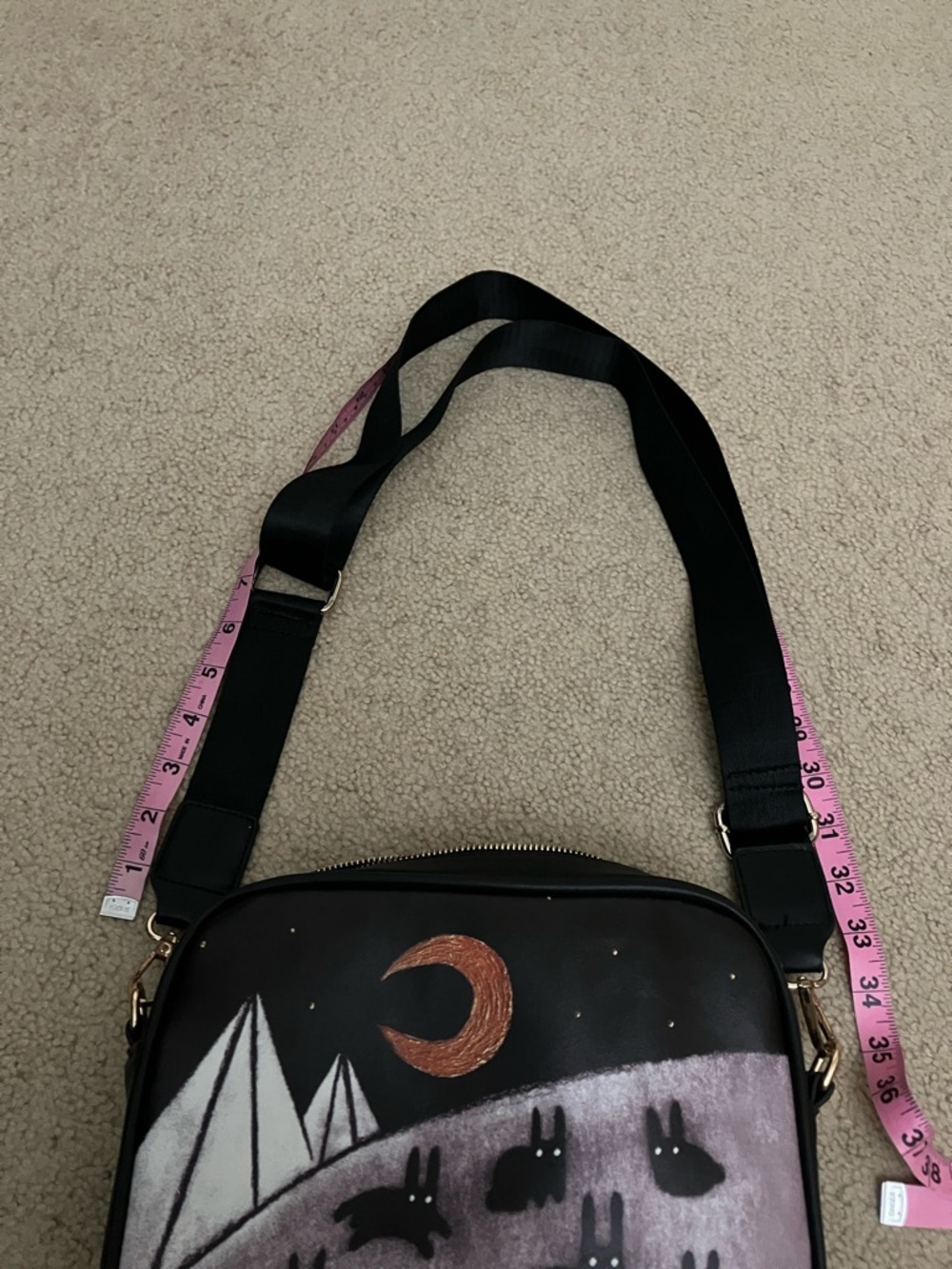 Goth Demon moon bunny crossbody bag, unique artsy design, macabre sketched art - Picture 14 of 15